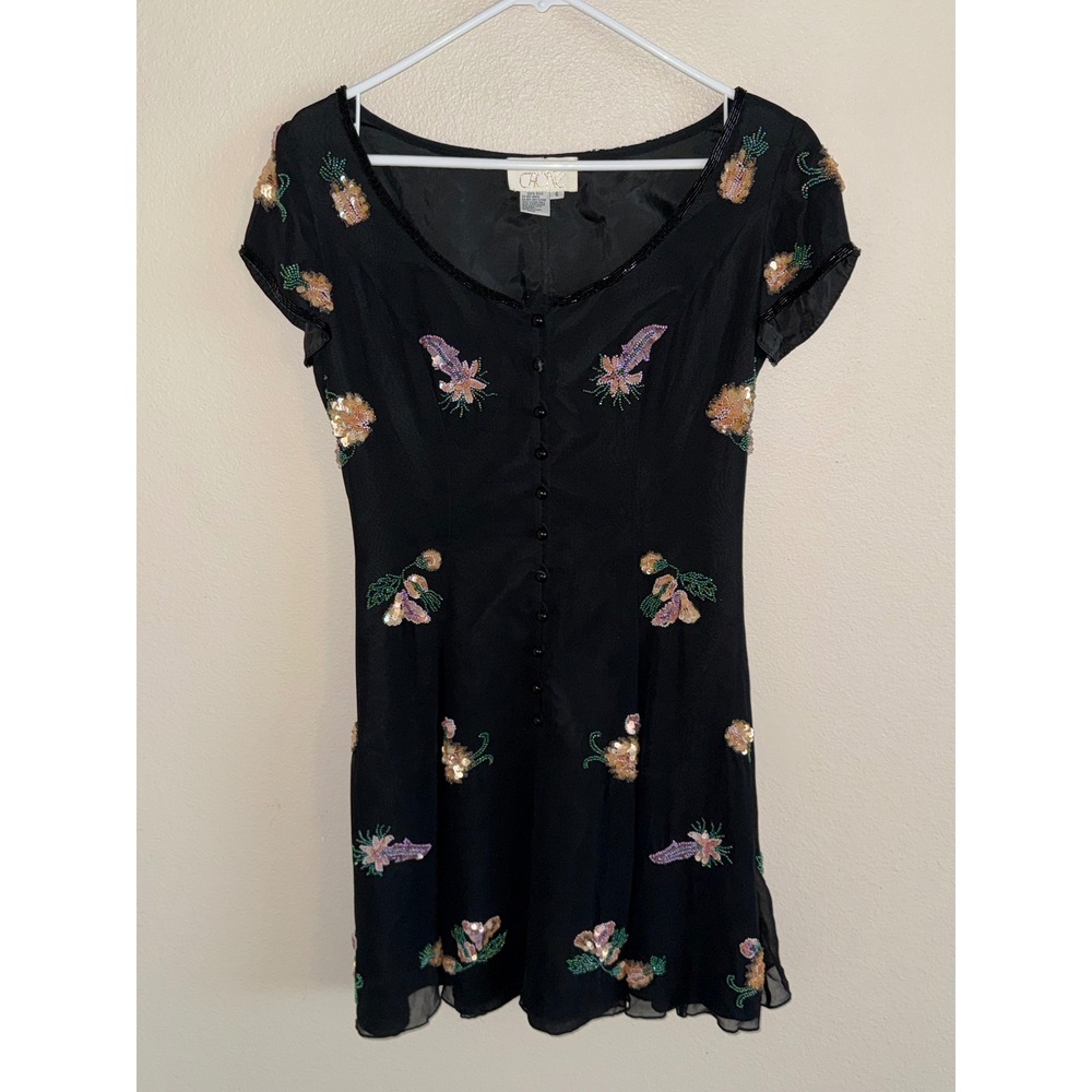 Vintage Cache Black 100% Silk Beaded Pineapple Floral Mini Dress Womens 6 - Picture 2 of 11